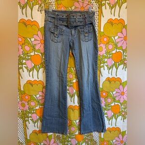 90s PLUGG Low-Rise Flare Jeans with Built-In Belt